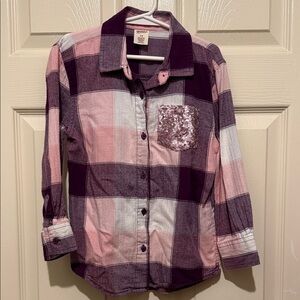 Arizona Jean Company Pink and Purple Plaid Kids Shirt with Sequin Pocket